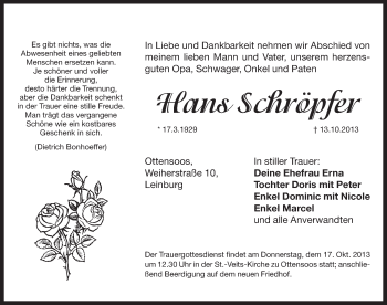 Traueranzeige von Hans Schröpfer von Pegnitz-Zeitung